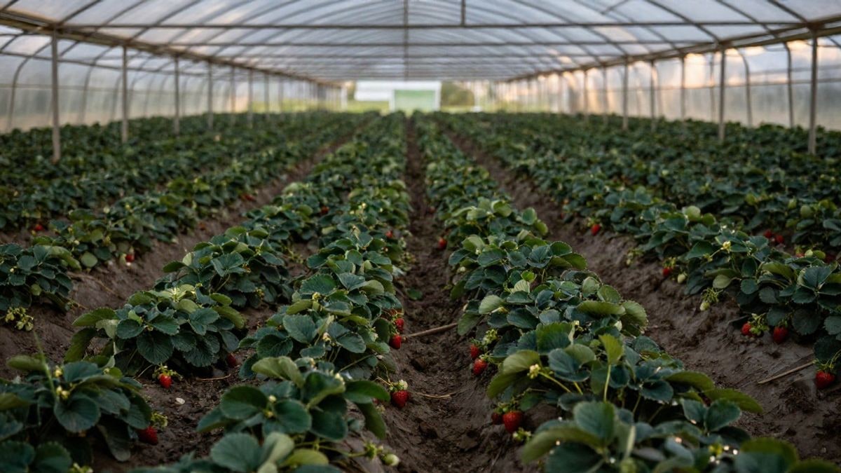 Imagen ilustrativa: hileras convergentes de plantas de fresas en un invernadero con luz de atardecer