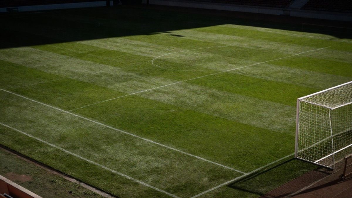 Imagen ilustrativa: vista cenital de un campo de fútbol vacío con la hierba y las líneas de juego