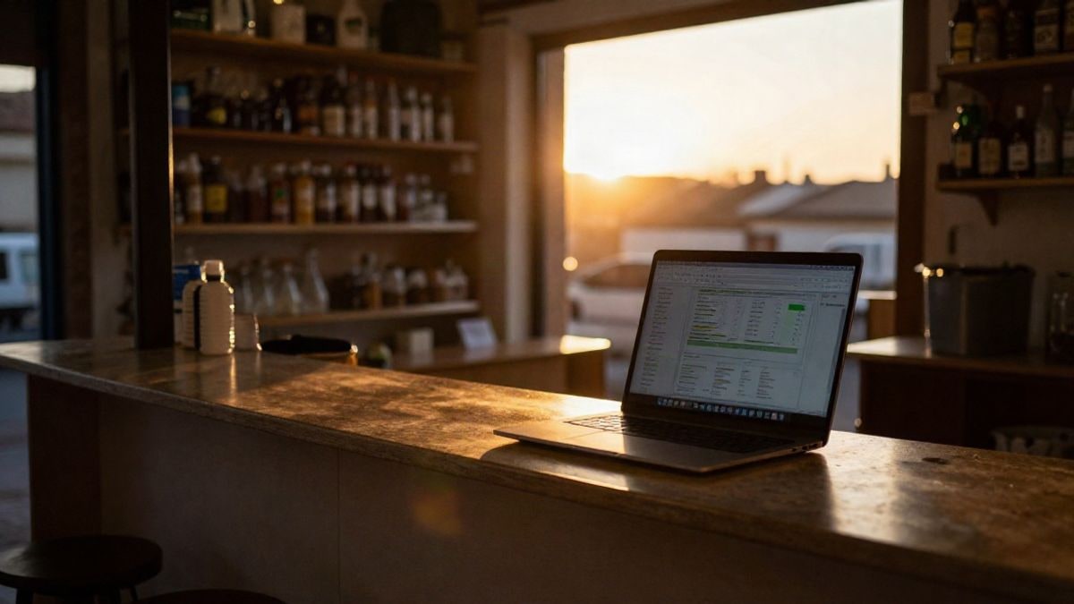Imagen ilustrativa: mostrador de un pequeño comercio con un portátil y gráficos de análisis bajo la luz del atardecer