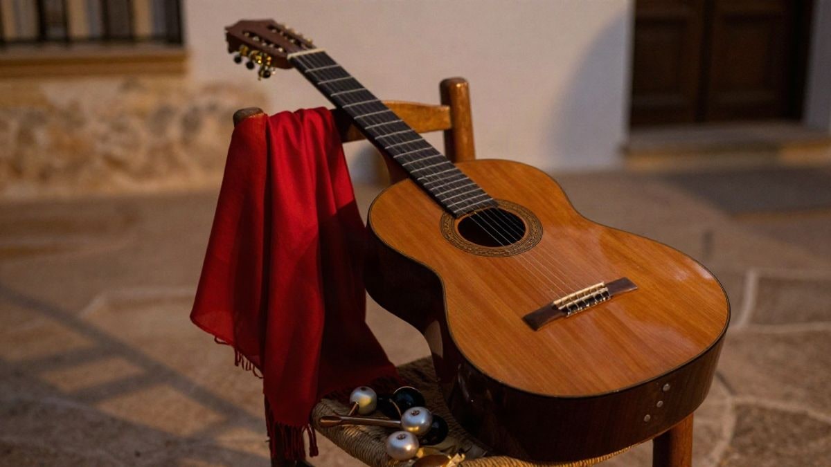 Imagen ilustrativa: una guitarra flamenca sobre una silla de madera en un patio andaluz, con un mantón rojo y castañuelas al fondo, luz cálida de atardecer