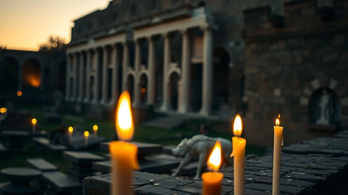 Primer plano de velas encendidas sobre piedras de un yacimiento romano al atardecer