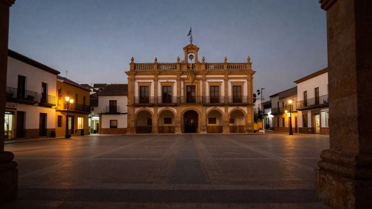 Imagen ilustrativa: una plaza de un municipio español al atardecer, con un mástil y un edificio consistorial iluminado, y siluetas lejanas de personas reunidas.