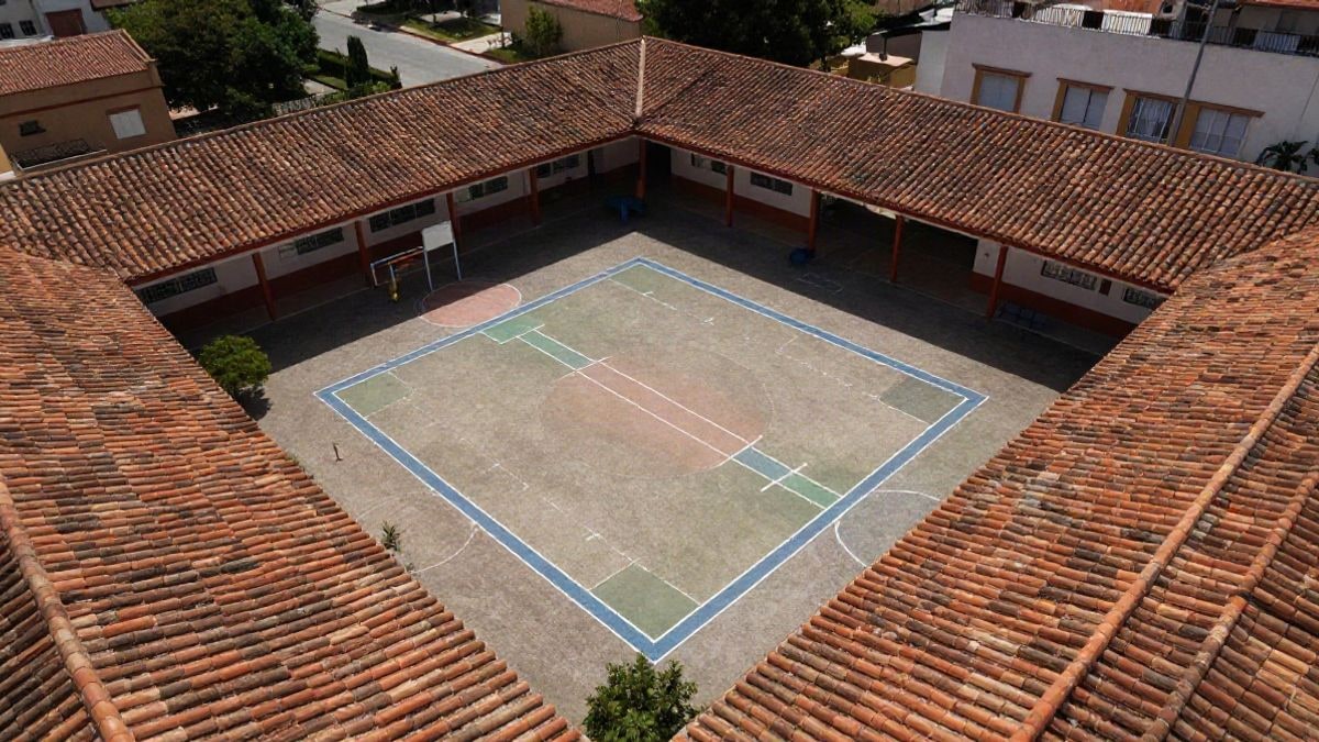Imagen ilustrativa: vista cenital de un patio de colegio español con pinturas de colores en el suelo, vacío y soleado.