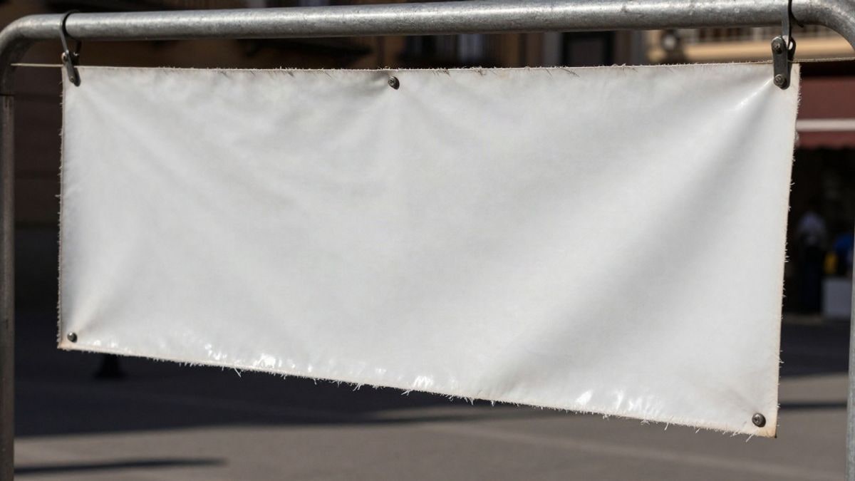 Imagen ilustrativa: primer plano de una lona blanca rasgada colgada de una estructura metálica en una plaza al atardecer