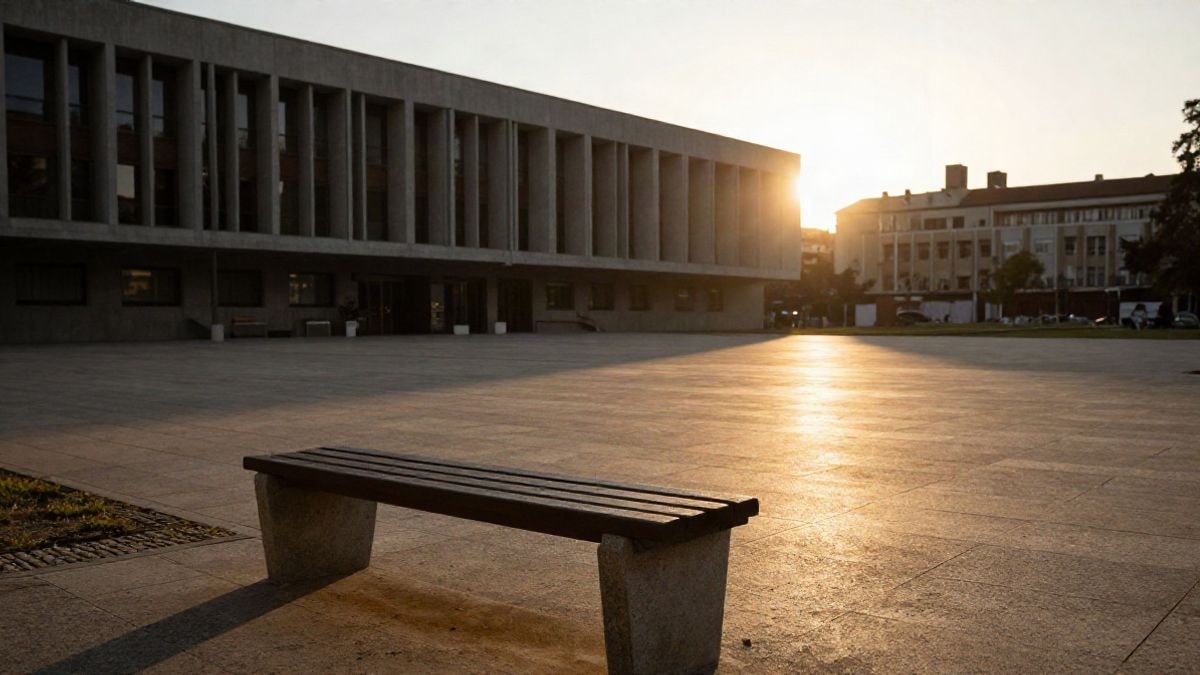 Imagen ilustrativa: una plaza vacía con sombras largas al atardecer frente a un edificio universitario genérico