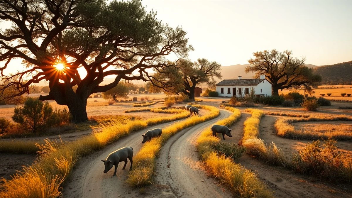 Imagen ilustrativa: dehesa con encinas y cerdos ibéricos al atardecer, con una casa rural al fondo