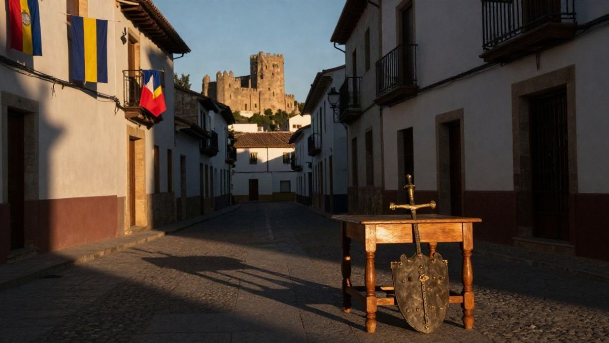 Imagen ilustrativa: calle empedrada con banderines y castillo al fondo al atardecer