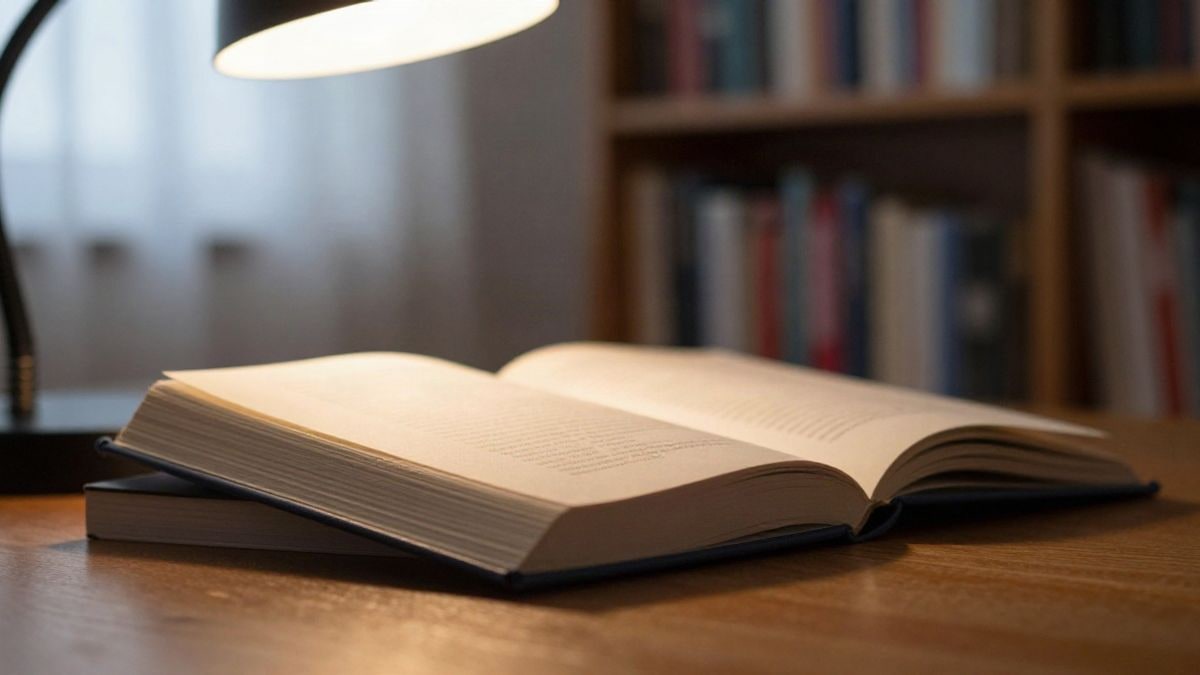 Imagen ilustrativa: libros de poesía sobre una mesa de madera junto a una lámpara de lectura encendida