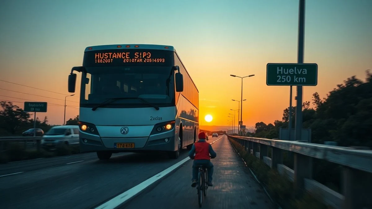Autobús de fútbol en carretera al atardecer con señal de distancia a Huelva.
