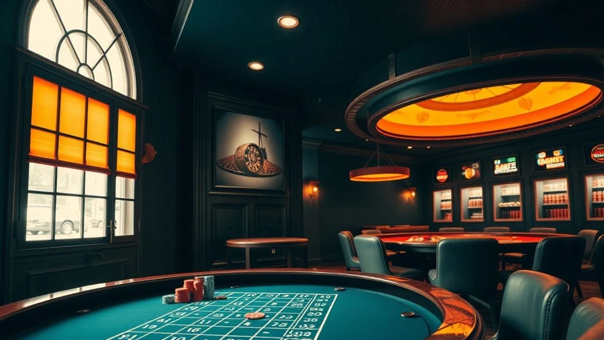Interior de un salón de juegos vacío con mesa de ruleta y sillas desordenadas, luz tenue