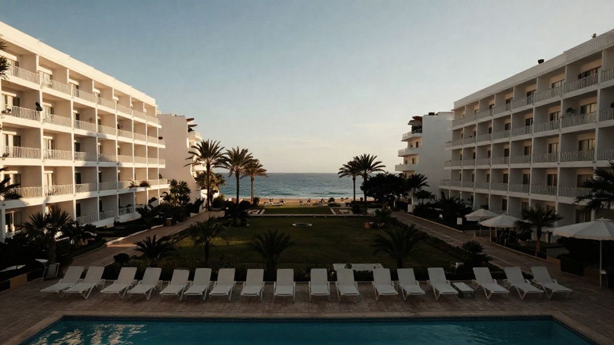 Imagen ilustrativa: un complejo hotelero costero con balcones blancos y palmeras al atardecer