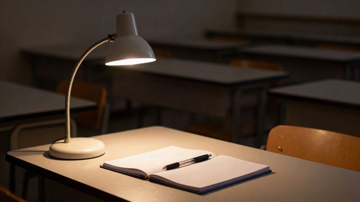 Imagen ilustrativa: un aula de formación profesional vacía iluminada por una lámpara de escritorio durante la noche