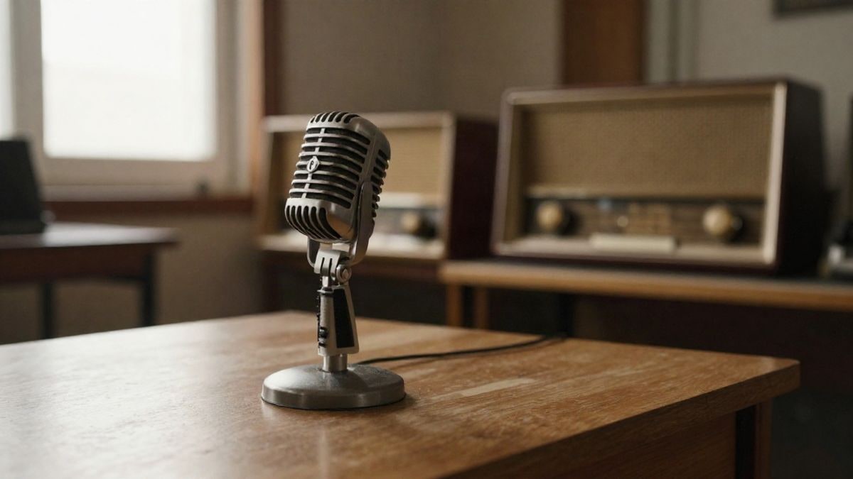 Imagen ilustrativa: micrófono vintage sobre una mesa de madera en un estudio de radio con luz natural