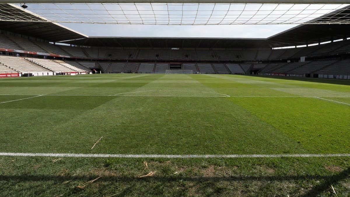 Imagen ilustrativa: campo de fútbol con la red de una portería en primer plano y las gradas vacías al fondo