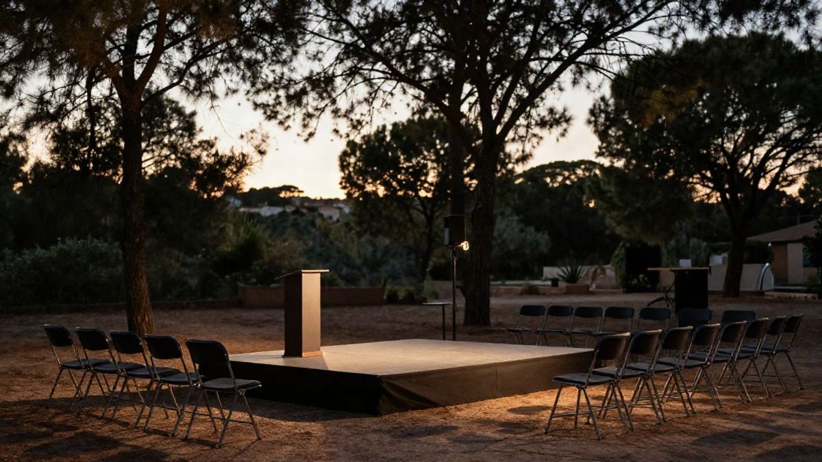 Imagen ilustrativa: escenario al aire libre con podio vacío y sillas preparadas para una gala al atardecer