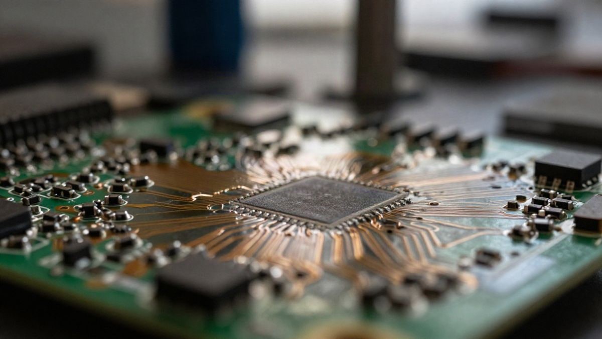 Imagen ilustrativa: primer plano de una placa de circuito impreso con componentes electrónicos