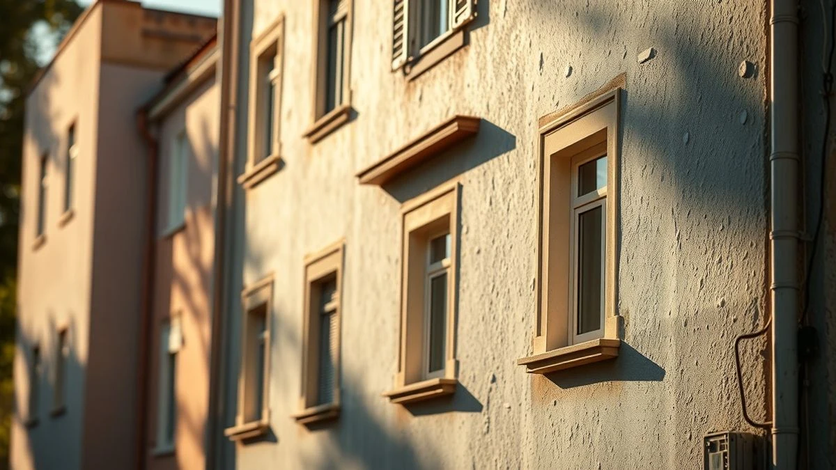 Imagen ilustrativa: fachada renovada de viviendas adosadas con nuevas ventanas y pintura, luz de atardecer.