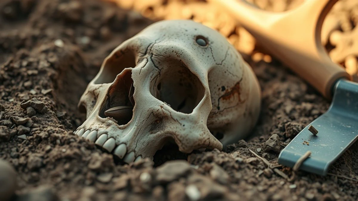 Imagen ilustrativa: cráneo humano con orificio de bala semienterrado en tierra seca, con herramientas arqueológicas junto a él, iluminación natural dramática