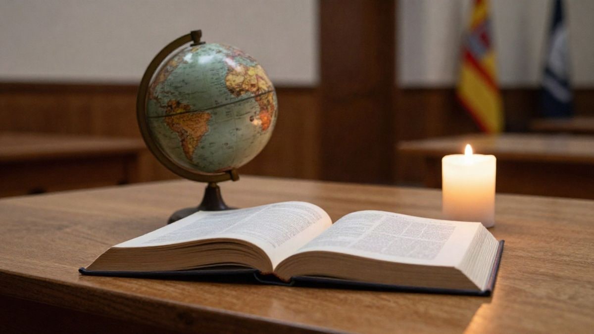 Imagen ilustrativa: un libro abierto, un globo terráqueo pequeño y una vela encendida sobre una mesa de madera, con luz cálida y fondo desenfocado