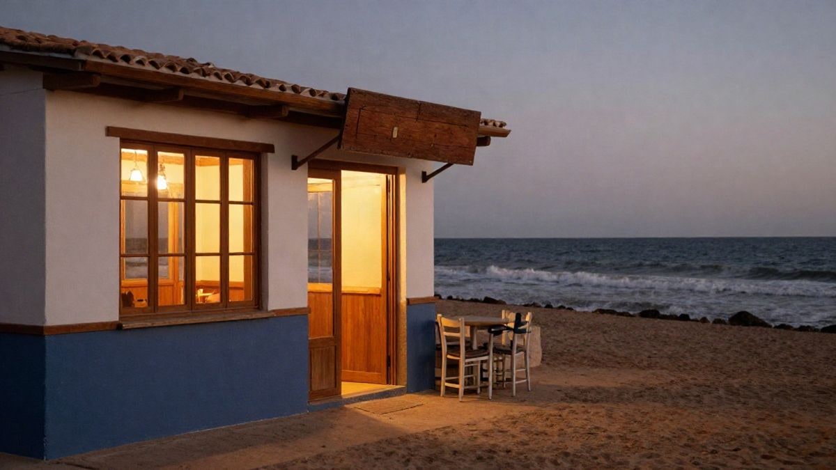 Imagen ilustrativa: fachada de un pub costero al atardecer con luz cálida en las ventanas