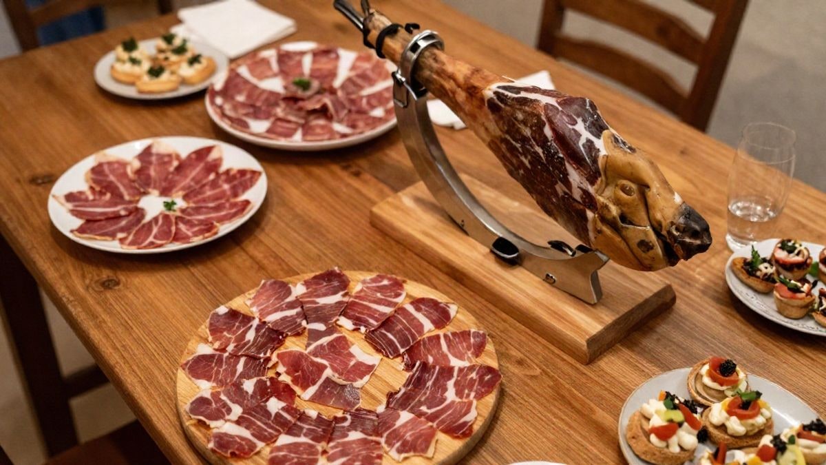 Imagen ilustrativa: vista cenital de una mesa con jamón ibérico cortado y tapas