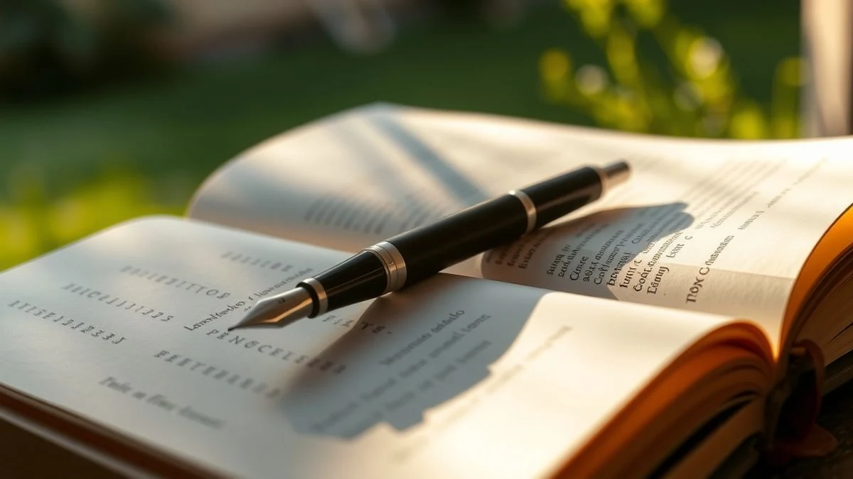 Imagen ilustrativa: un libro de poesía abierto con una pluma sobre él, en un jardín al atardecer