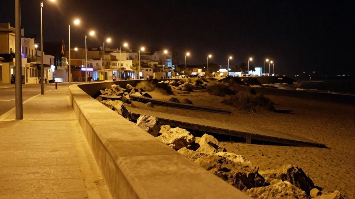 Imagen ilustrativa: paseo costero de noche con farolas, una rampa de madera hacia las dunas y un muro de escollera de piedra