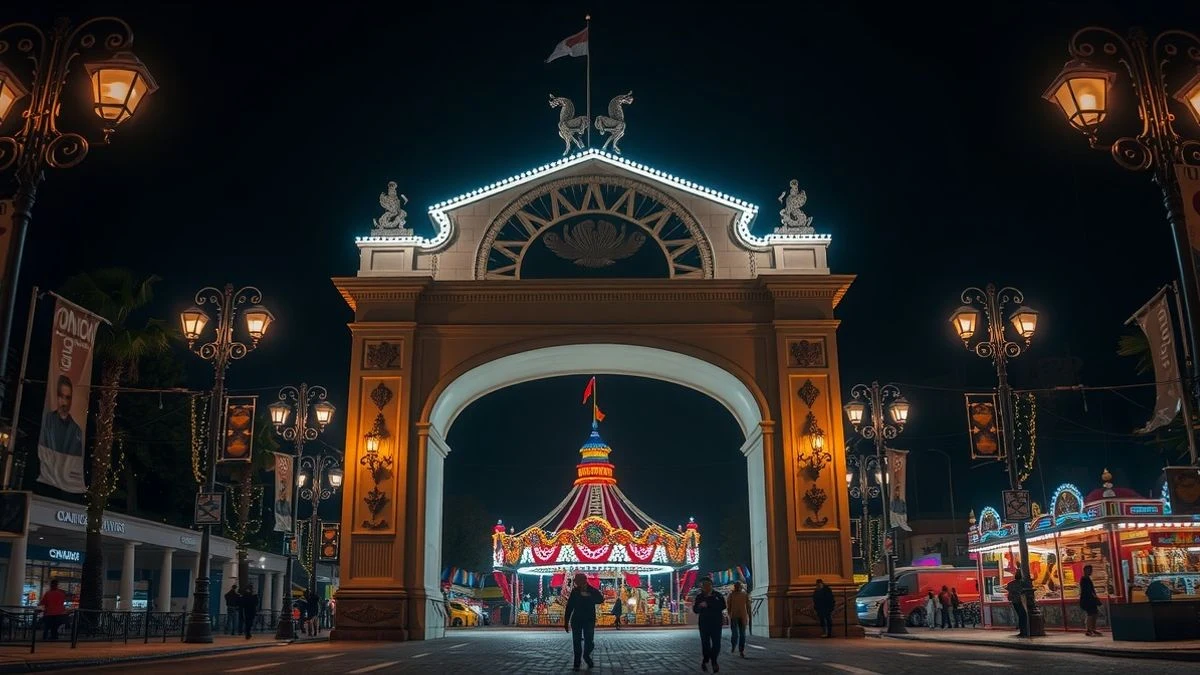Arco monumental iluminado en la entrada del recinto ferial de las Colombinas por la noche