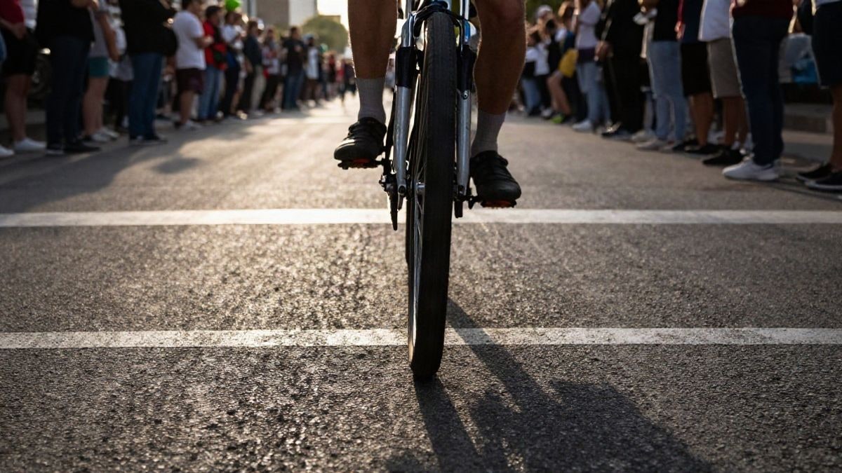Imagen ilustrativa: una rueda de bicicleta sobre el asfalto en una línea de meta, con el público desenfocado al fondo.
