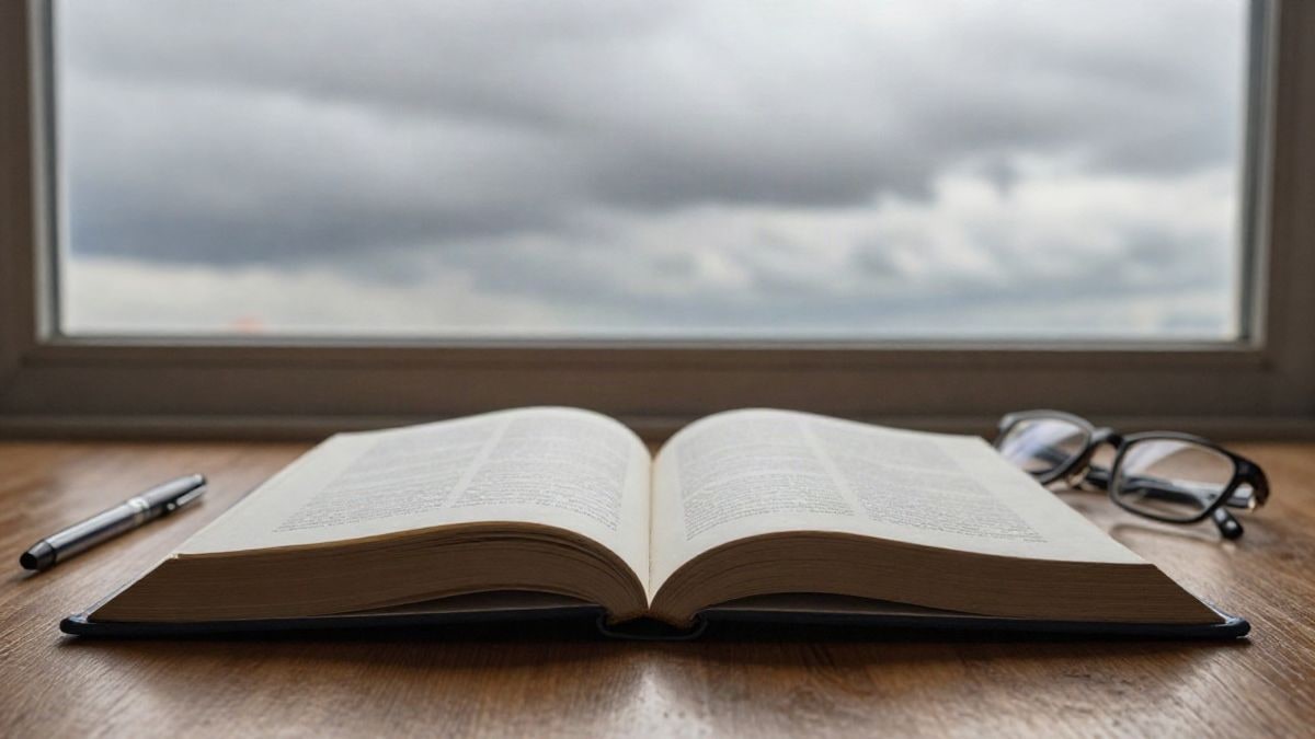 Imagen ilustrativa: un libro abierto sobre una mesa de madera junto a una pluma y unas gafas de lectura, con cielo de fondo
