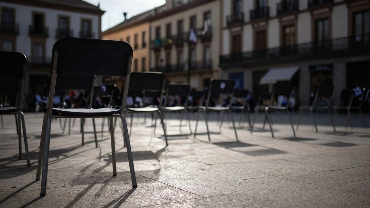 Imagen ilustrativa: sillas vacías en una plaza pública dispuestas para un acto ciudadano