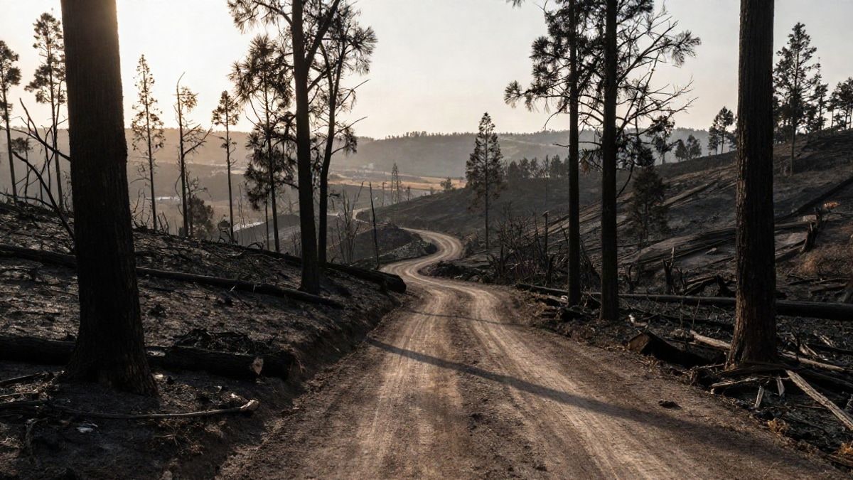 Imagen ilustrativa: paisaje de colinas calcinadas tras un incendio forestal, con troncos negros y una pista de tierra en primer plano