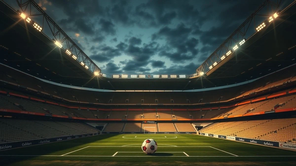 Imagen ilustrativa: interior de un estadio de fútbol vacío al atardecer, con un balón en el centro del campo