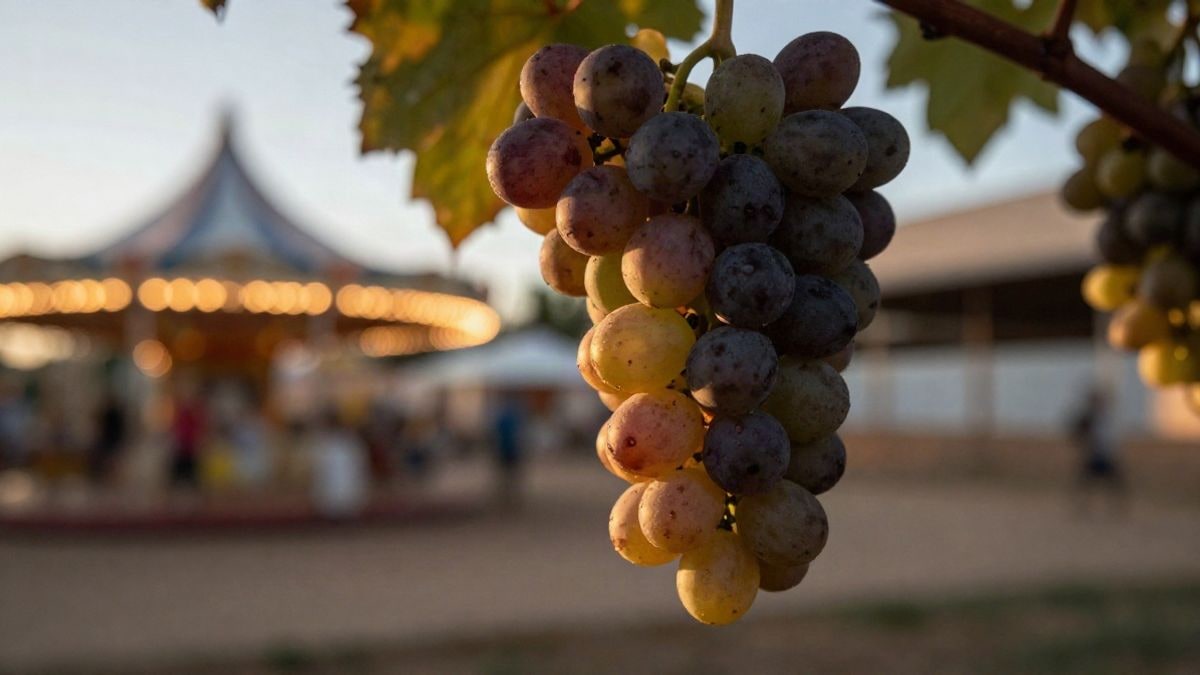 Imagen ilustrativa: primer plano de un racimo de uvas maduras con un recinto ferial iluminado al fondo