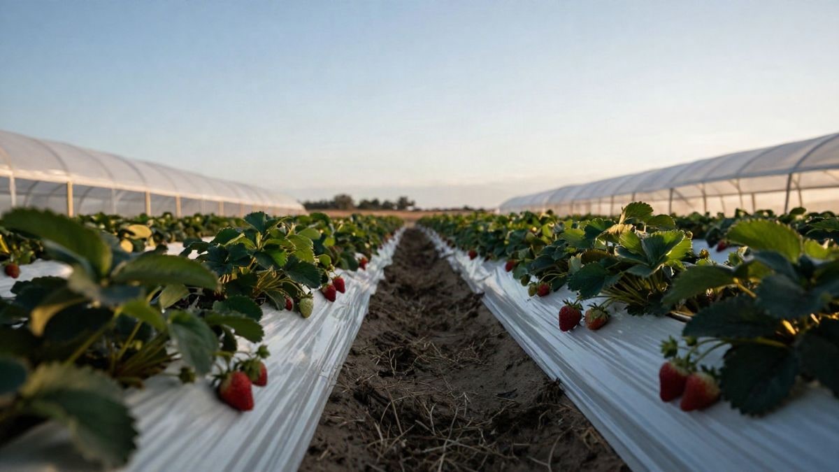 Imagen ilustrativa: hileras de cultivo de fresas cubiertas con plástico blanco, vistas desde el suelo con cielo de fondo