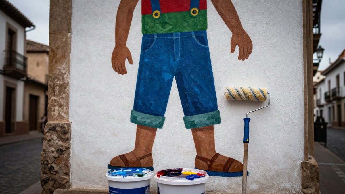Imagen ilustrativa: primer plano de un mural colorido en una fachada, con útiles de pintura en primer plano.