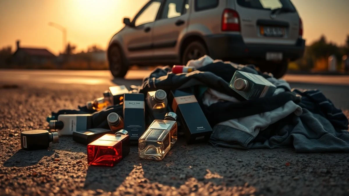 Montón de ropa y perfumes falsificados en el suelo con un vehículo de la Guardia Civil al fondo