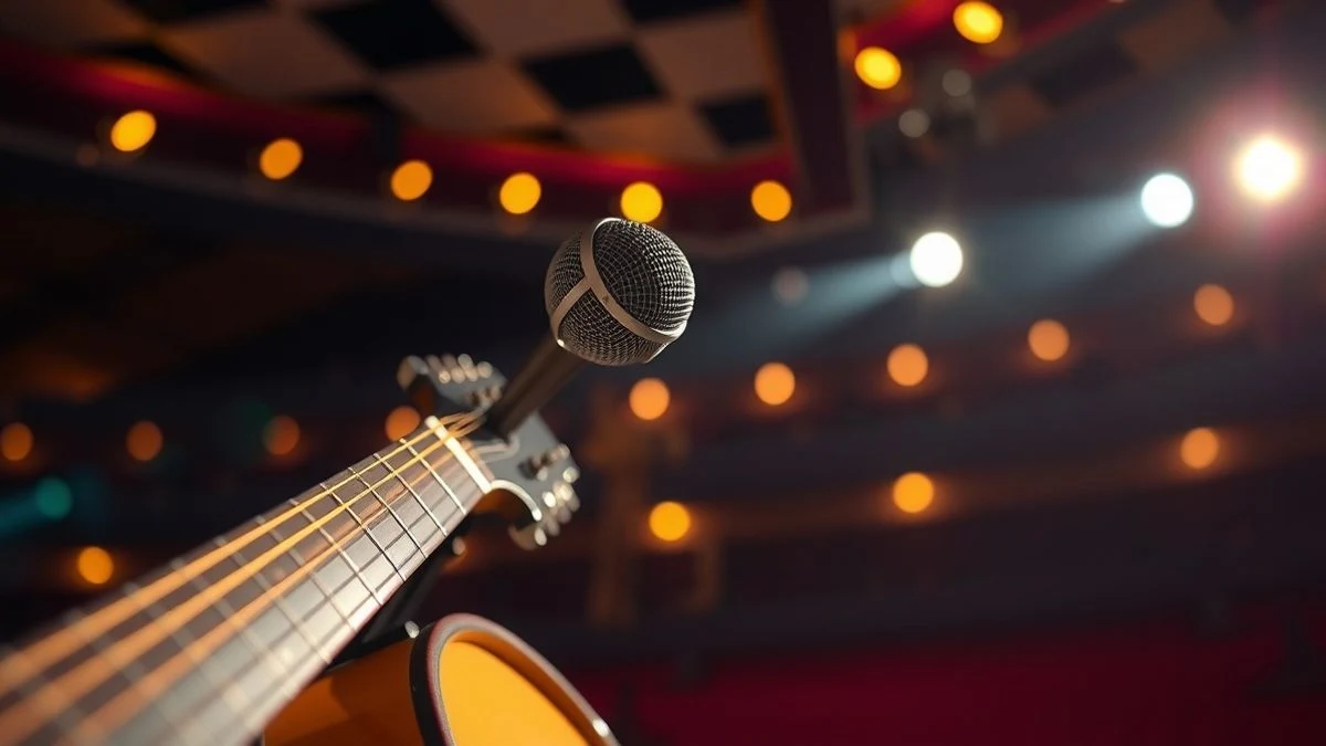 Micrófono sobre un escenario vacío con una guitarra al fondo, iluminado por luces cálidas
