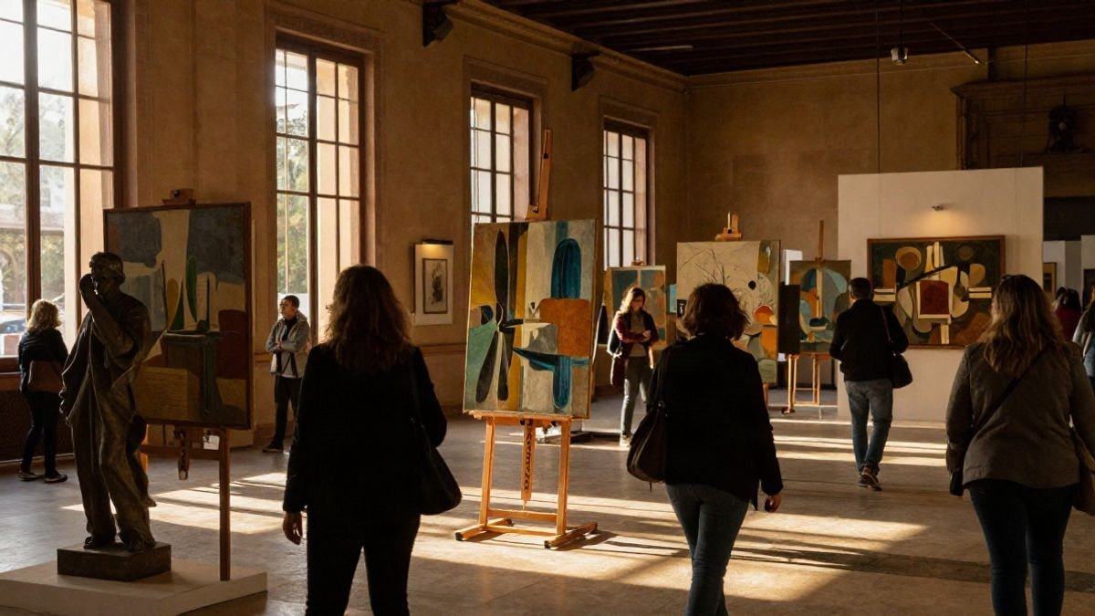 Imagen ilustrativa: sala de exposiciones con cuadros y una escultura, iluminada por la luz cálida del atardecer que proyecta sombras largas en el suelo.