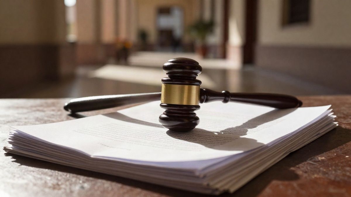 Imagen ilustrativa: un mazo judicial sobre documentos legales con pasillo de juzgado al fondo, iluminación cálida de atardecer