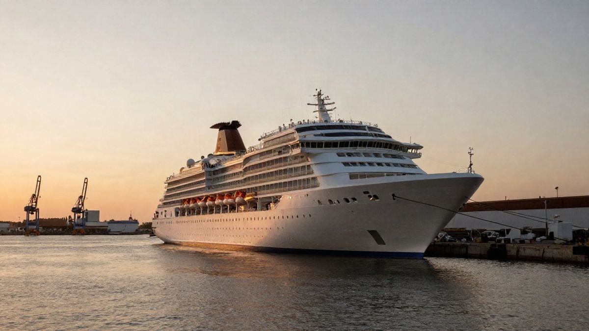 Imagen ilustrativa: un pequeño crucero de lujo atracado en un muelle al atardecer