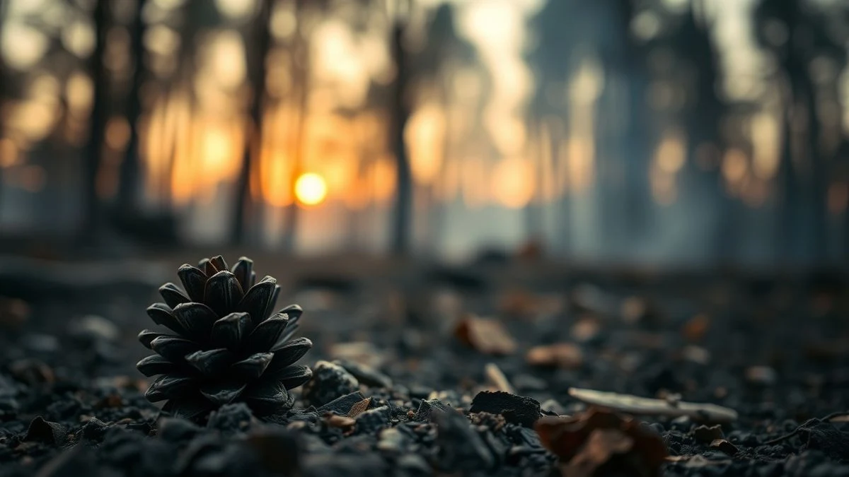 Imagen ilustrativa: una piña carbonizada sobre suelo cubierto de ceniza, con humo de fondo al atardecer