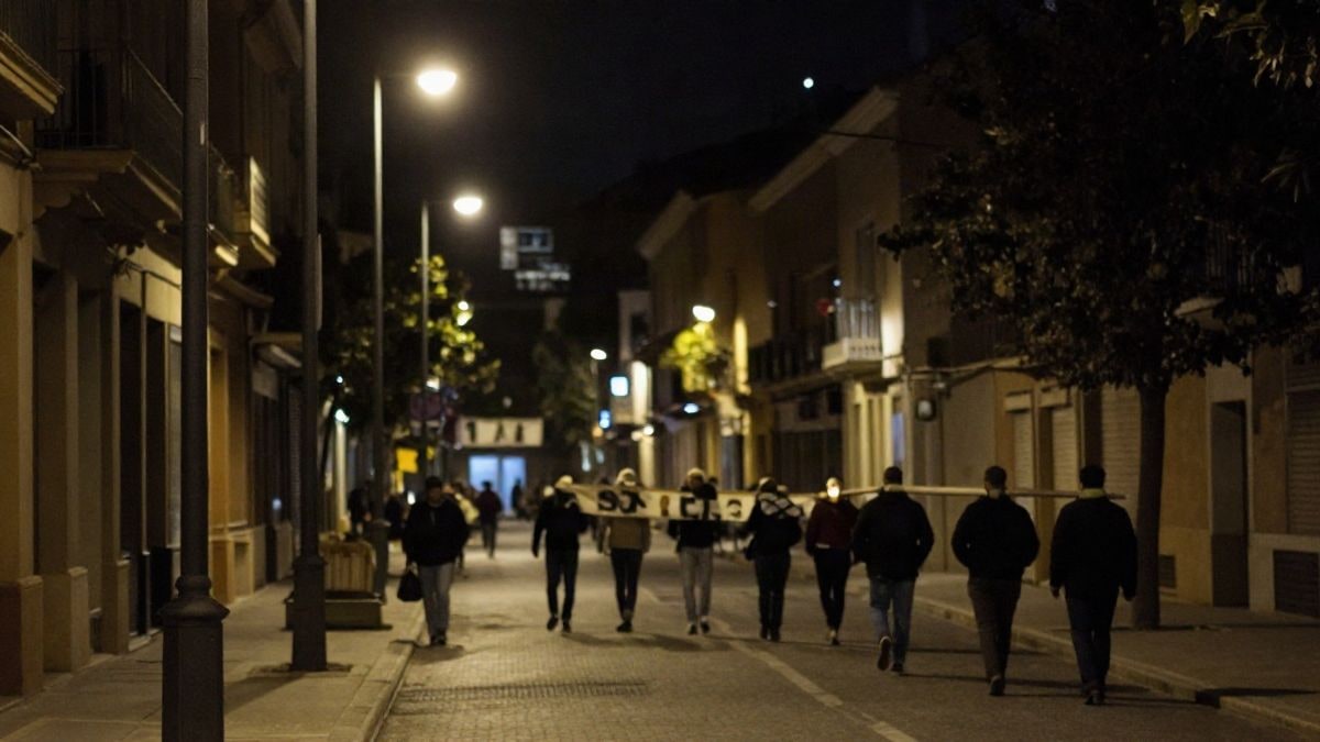 Imagen ilustrativa: peregrinos caminando de noche por una calle empedrada con farolas encendidas