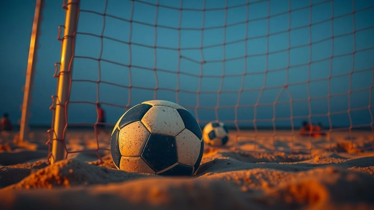 Imagen ilustrativa: un balón de fútbol playa sobre la arena, con la red de una portería al fondo al atardecer