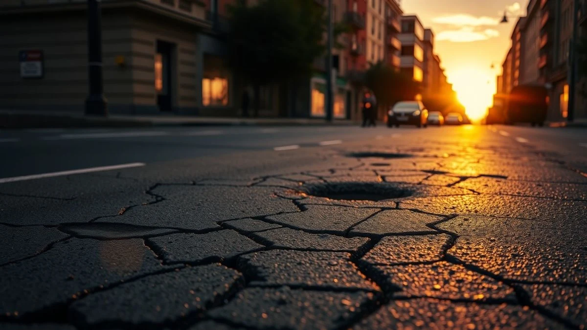 Calle de Huelva con baches y pavimento deteriorado al atardecer