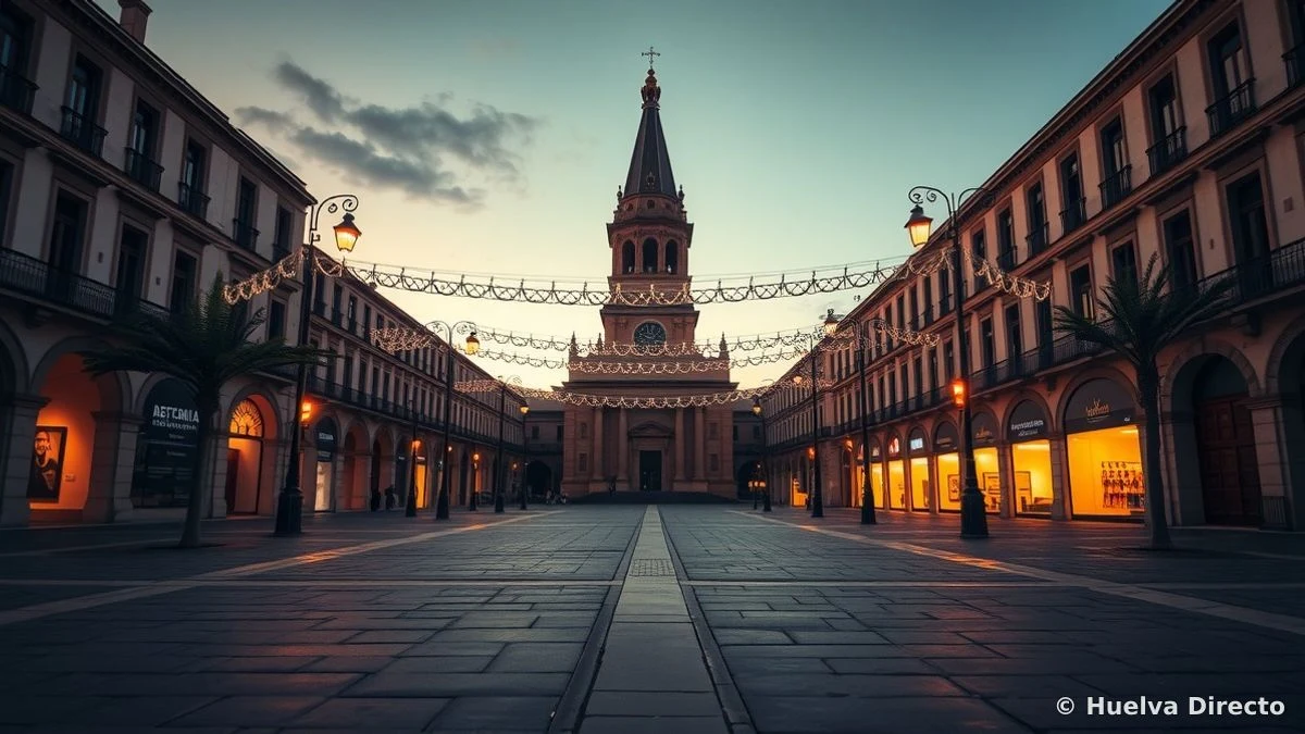 Plaza de España vacía al atardecer con guirnaldas festivas y torre de iglesia al fondo