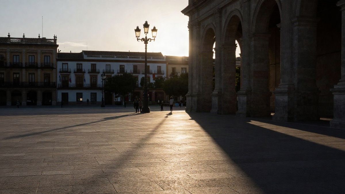 Imagen ilustrativa: plaza histórica española al atardecer con siluetas y sombras largas