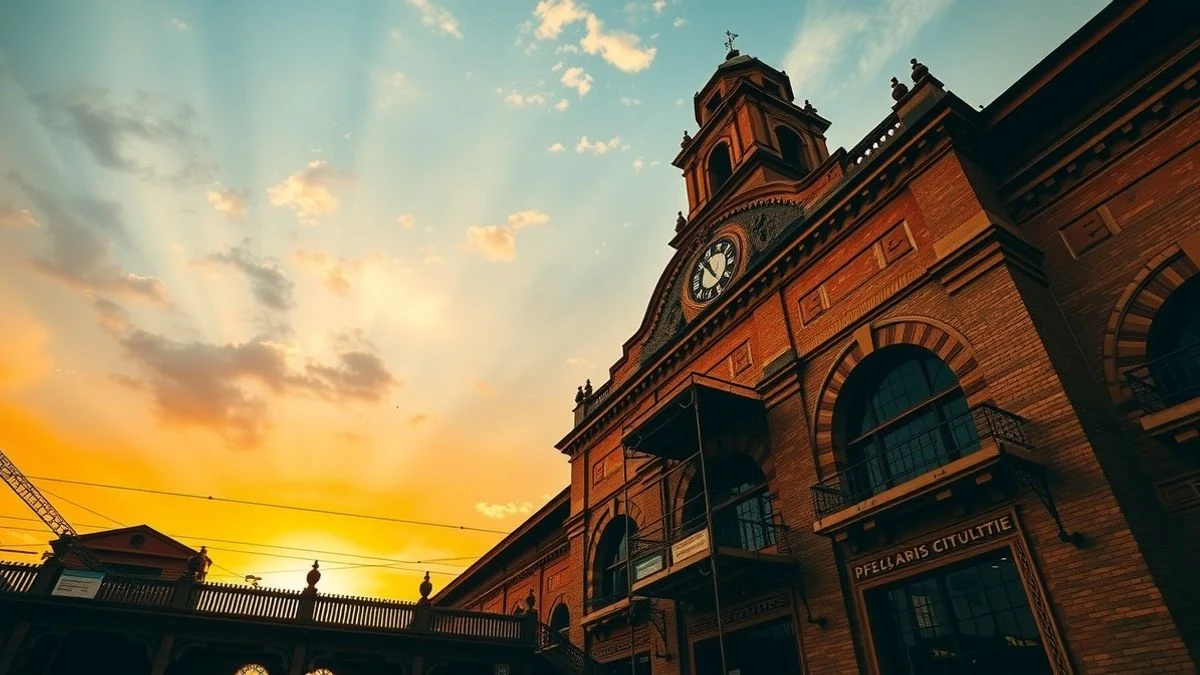 Imagen ilustrativa: vista en ángulo bajo de una estación de tren histórica de estilo neomudéjar al atardecer, con andamios parciales y cielo dramático.