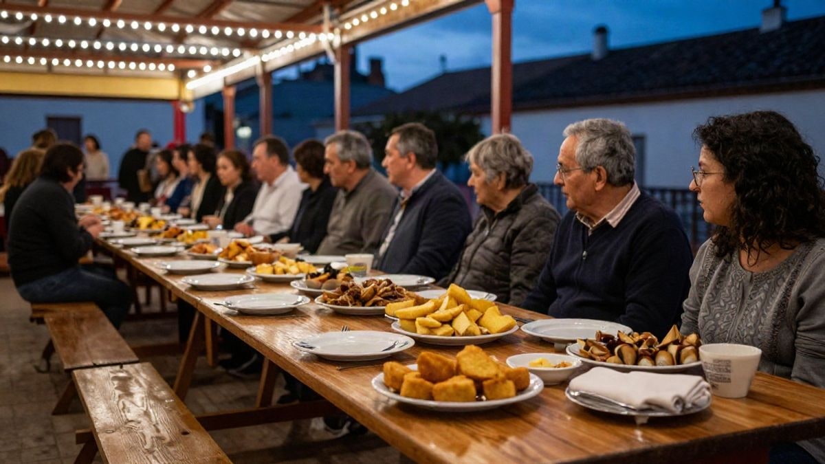 Imagen ilustrativa: mesa larga con platos de fritura y tortillas en una caseta de feria al atardecer
