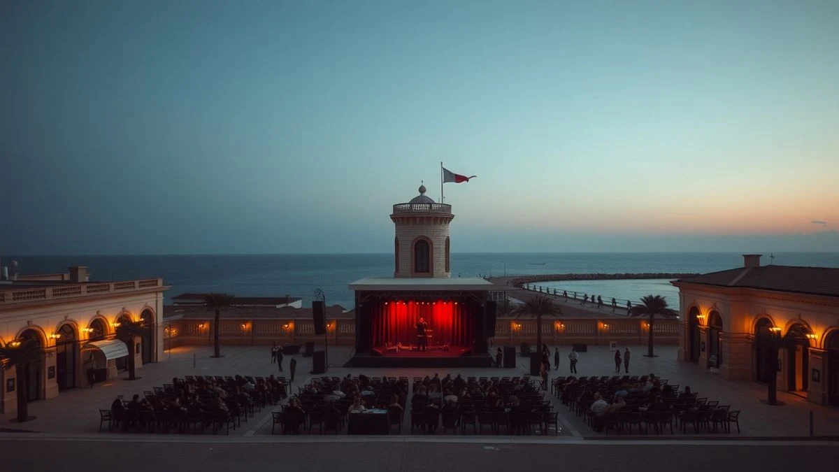 Imagen ilustrativa: plaza costera al atardecer con luces festivas y un escenario de fondo, con el mar y un faro al fondo.